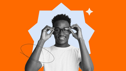 A person stands smiling while adjusting their glasses. The background features bright colors and shapes. The collage style adds a modern touch to the scene. The person looks confident and happy. © Prostock-studio