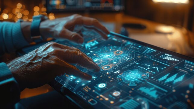 Close-up of hands interacting with a futuristic glowing digital interface, showcasing advanced technology and data visualization.