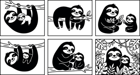 Fototapeta premium Black and white vector art of smiling mother and baby sloths hanging and sitting on tree branches with leaves and jungle foliage background