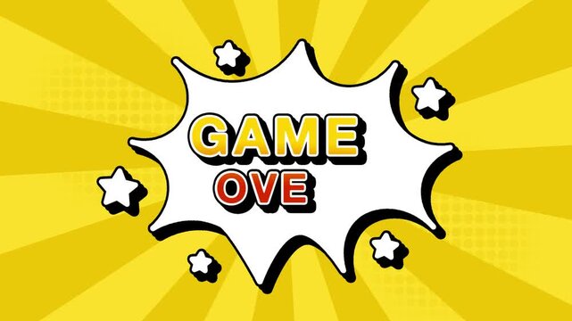 game over text word lettering popup comic cartoon reveal with bomb and smoke explosion manga anime book page dots with radial speed lines doodle yellow background with seamless loop animation retro