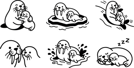 Obraz premium Cute walrus parent cuddling baby seal on ice with playful joy splash and sleeping together in simple line art style
