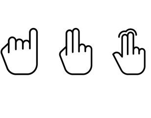 Obraz premium Set of three outline icons depicting common touchscreen gestures: one-finger tap, two-finger tap, and two-finger swipe.