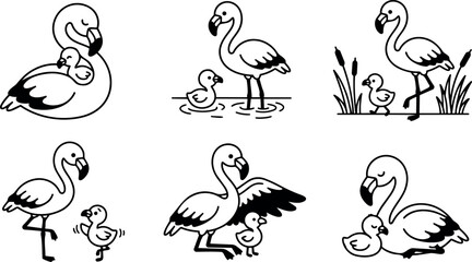 Naklejka premium Black and white line art flamingo mother and baby illustrations cute standing and resting in natural wetland environment minimal vector design set