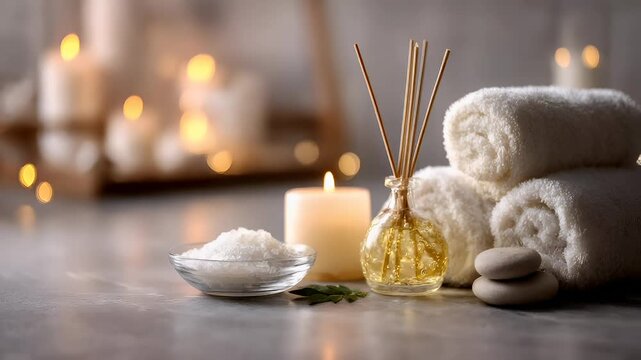 Therapy stress release treatment, health lifestyle. A tranquil spa setting with white towels, a bowl of salt, a bottle of reed diffuser, and a lit candle, all arranged on a surface.