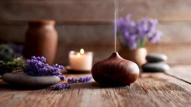 Therapy stress release treatment, health lifestyle. A wooden diffuser emitting a pleasant aroma, surrounded by lavender flowers, stones, and a candle, all set against a rustic wooden backdrop.