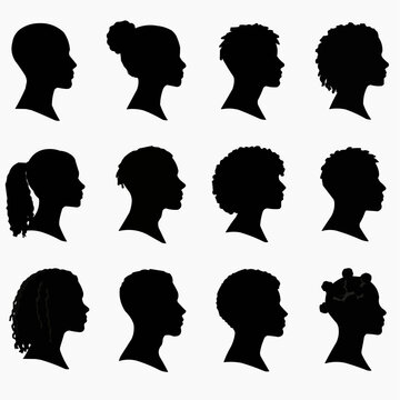 Diverse profile silhouettes featuring varied hairstyles and head shapes in a clean set of black side view icons for identity beauty fashion salon avatar branding and inclusion concepts