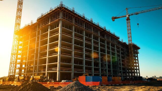 A construction site with a large building under development, featuring a crane and scaffolding at sunset.