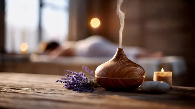 Therapy stress release treatment, health lifestyle. A wooden diffuser emitting a pleasant aroma, accompanied by a lavender flower and a lit candle, set against a blurred background.