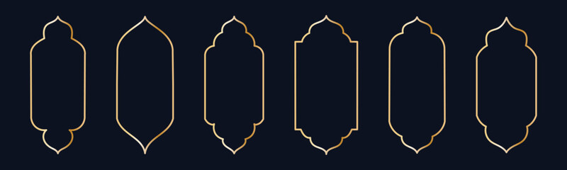 luxury golden islamic arch window frames on black background elegant arabic border design element for ramadan kareem muslim decoration vector illustration set collection