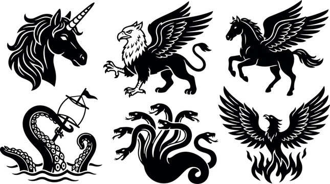 Black silhouette mythological creatures set featuring unicorn horse griffin pegasus hydra phoenix sea monster with sword tentacles flat design vector art