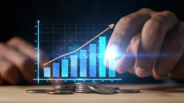 A person analyzing a rising financial graph with coins on a table indoors.