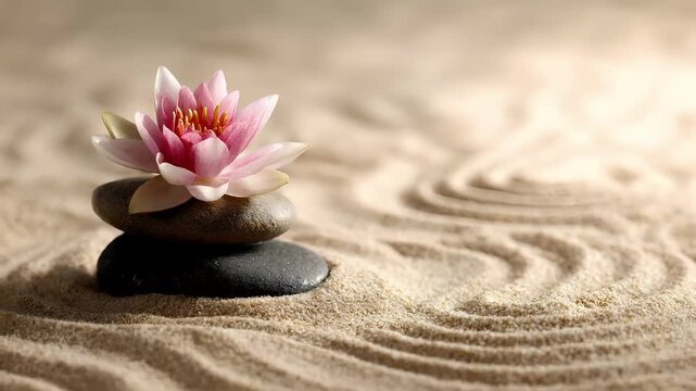 Therapy stress release treatment, health lifestyle. A tranquil zen garden with a pink lotus flower perched atop a black pebble, surrounded by raked sand. The background is slightly blurred.