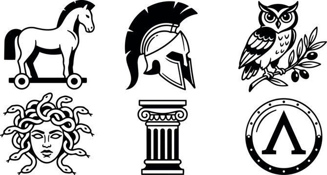 Black and white vector art collection of ancient greek symbols including trojan horse helmet medusa owl column and shield icons