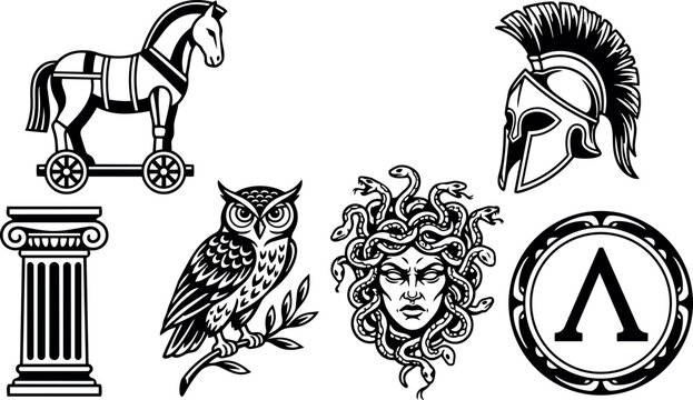 Black and white vector art of ancient greek symbols including trojan helmet medusa head owl column and spartan shield