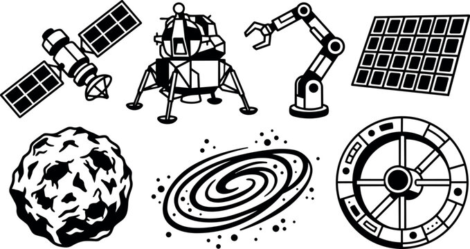 Black and white vector icons of satellite spacecraft lunar lander robotic arm solar panel asteroid galaxy and space station components