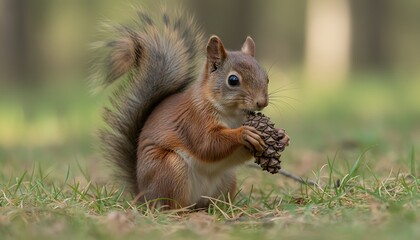 Obraz premium Squirrel standing upright on grass holding a pine cone in its paws looking directly at camera