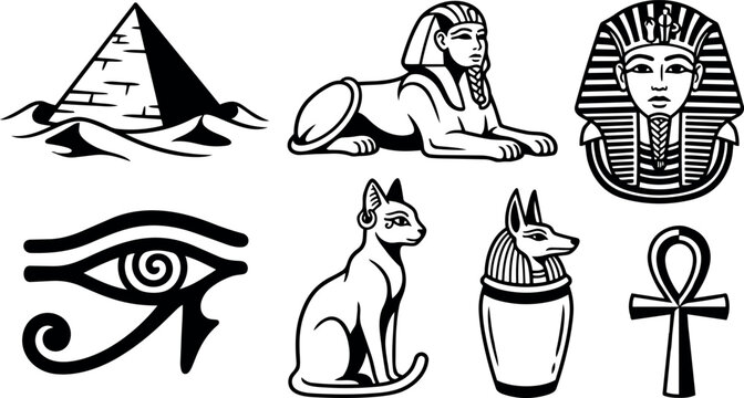 Black and white egyptian symbols pyramid sphinx pharaoh cat anubis jar and ankh vector art set clear line style