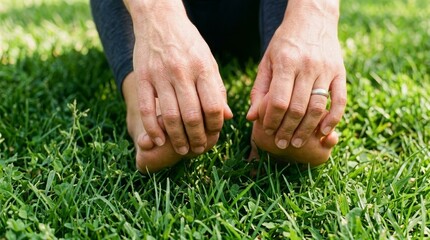 Person kneeling on green grass with hands on ground outdoors
