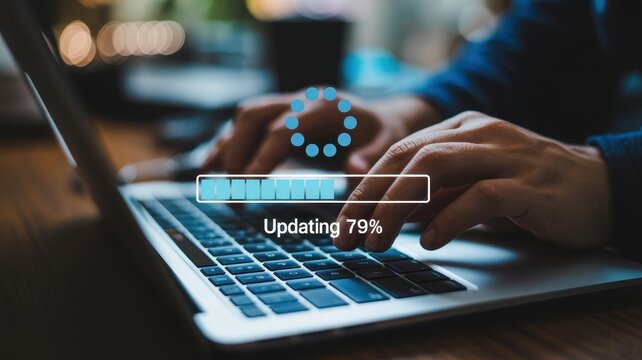 Vibrant photo of Software update process on laptop computer with progress bar and loading icon