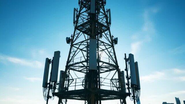 A tall metal cell tower stands against a blue sky with clouds