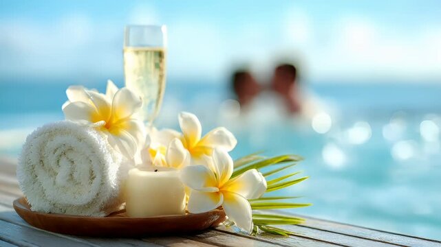 Therapy stress release treatment, health lifestyle. A tranquil beach scene with a white towel, a candle, and a glass of champagne on a wooden table. The background is slightly blurred.