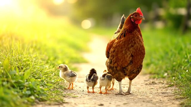A mother hen leads her three chicks along a sunny path through green grass.