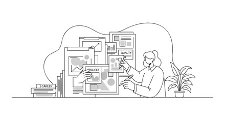 Naklejka premium Vector illustration of a woman working on a computer with a thought bubble full of design elements