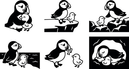 Fototapeta premium Minimalist black and white vector art showing puffin bird caring and interacting with baby puffin in various natural cliff and nest settings