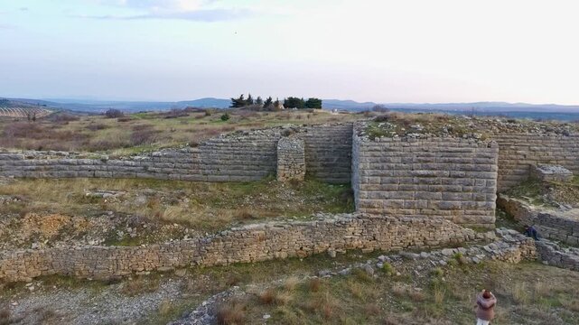 Aerial drone video of ancient Roman military outpost, muncipium Asseria ruins near Benkovac, Croatia.