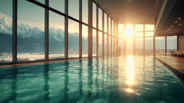 Therapy stress release treatment, health lifestyle. A luxurious indoor swimming pool with a panoramic view of snowcapped mountains. The pool is surrounded by glass walls.
