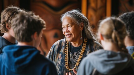 indigenous woman sharing stories and wisdom with group of youth