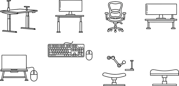 Modern office equipment line art collection featuring ergonomic desks chairs and computer peripherals for comfortable workspaces
