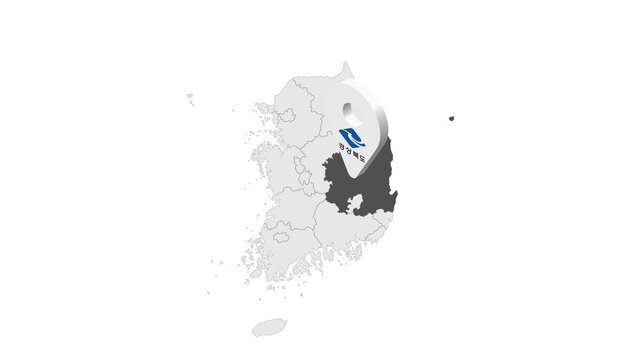 Location North Gyeongsang Province on map South Korea. 3d North Gyeongsang emblem map marker location pin. Map of South Korea showing different parts. 4K.  Animated Video