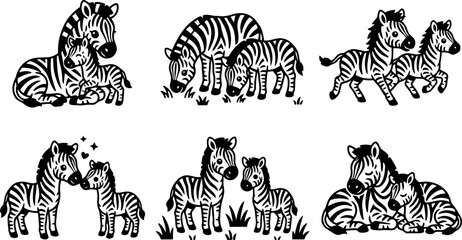 Fototapeta premium Monochrome vector art of zebra mother and foal playing resting and bonding in various playful poses with grass details