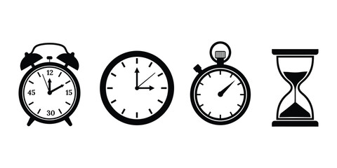 A collection of four different time keeping devices including an alarm clock round clock pocket watch and hourglass on a white background