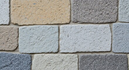 Fototapeta premium Close-up of a wall made of textured stone bricks in various shades of gray and beige.
