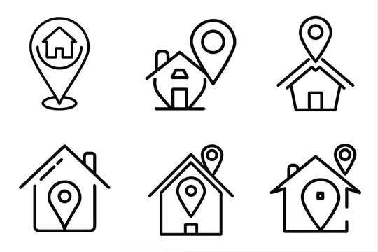 Home location and real estate outline icon set with house map pin, residential property navigation, neighborhood destination pointer more vector illustration or editable stroke.