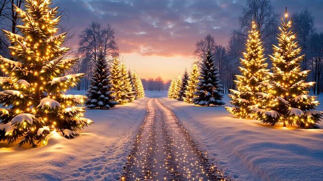 Snowy path with lit Christmas trees