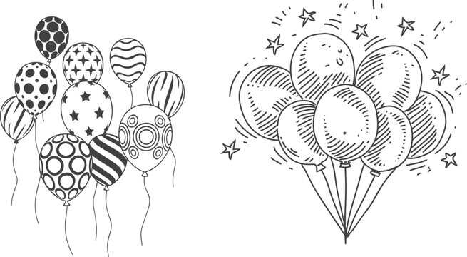 Hand Drawn Balloon Set &ndash; Linear Doodle and Black Outline Bunch, Sketch Style Line Icons for Birthday, Celebration, and Congratulations Vector Illustration