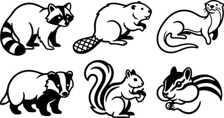 Fototapeta premium Black and white vector art set of six cute forest animals including raccoon beaver otter badger squirrel and chipmunk illustrated in simple line style