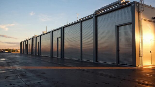Long industrial storage building at sunset