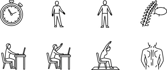 Fototapeta premium Essential black line icons illustrating office ergonomics worker health posture stretching exercises and time management for workplace wellness