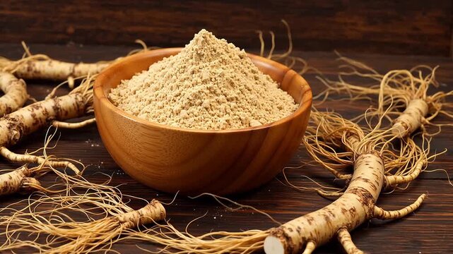 Ginseng powder in wooden bowl with roots