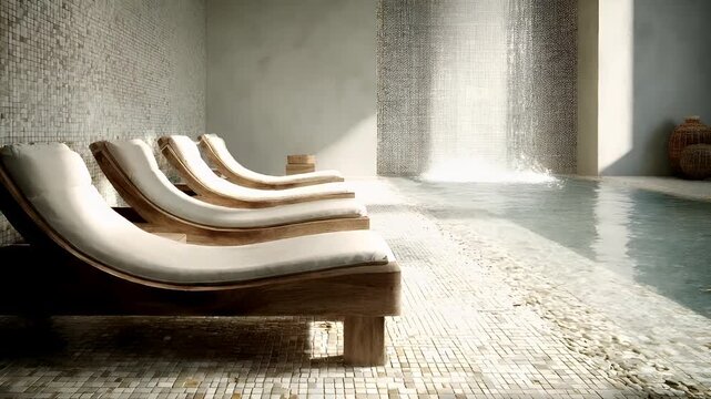 Therapy stress release treatment, health lifestyle. A tranquil indoor swimming pool with a row of wooden loungers next to a cascading waterfall. The pool is surrounded by a tiled floor and walls.