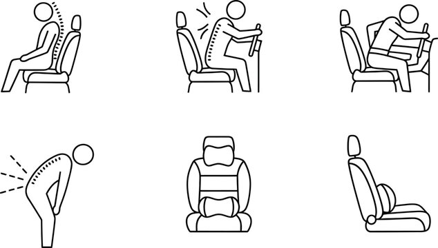 Ergonomics and proper posture line icon set illustrating good and bad seating positions with back pain and lumbar support concepts