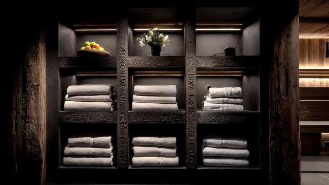 Therapy stress release treatment, health lifestyle. A luxurious spa room with a wooden shelving unit filled with neatly folded towels, a bowl of fruits, and a vase of flowers.