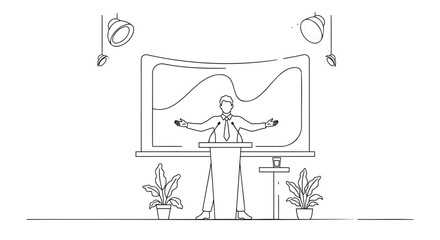 Vector illustration of businesswoman presenting at podium with screen