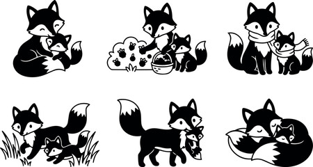 Obraz premium Flat design black and white fox family illustrations showing different activities including hugging walking and gathering with basket in nature