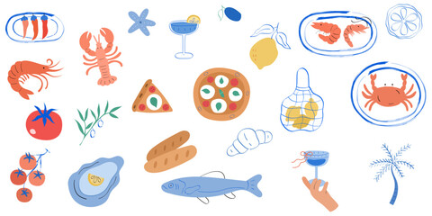 Obraz premium Summer mediterranean food vector set – hand drawn seafood, lemon, wine and culinary elements