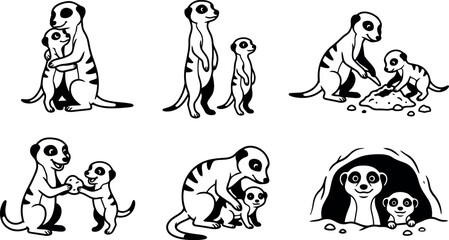 Black and white flat design meerkat family hugging digging and playing with stone in burrow vector art collection